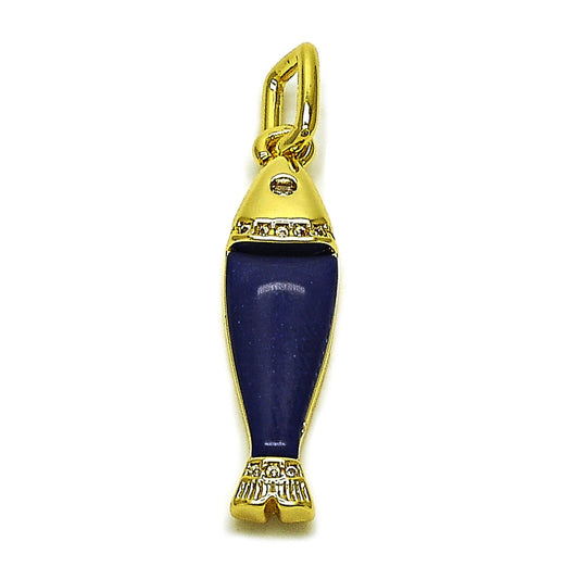 Oro Laminado Fancy Pendant, Gold Filled Style Fish Design, with White Cubic Zirconia, Blue Resin Finish, Golden Finish