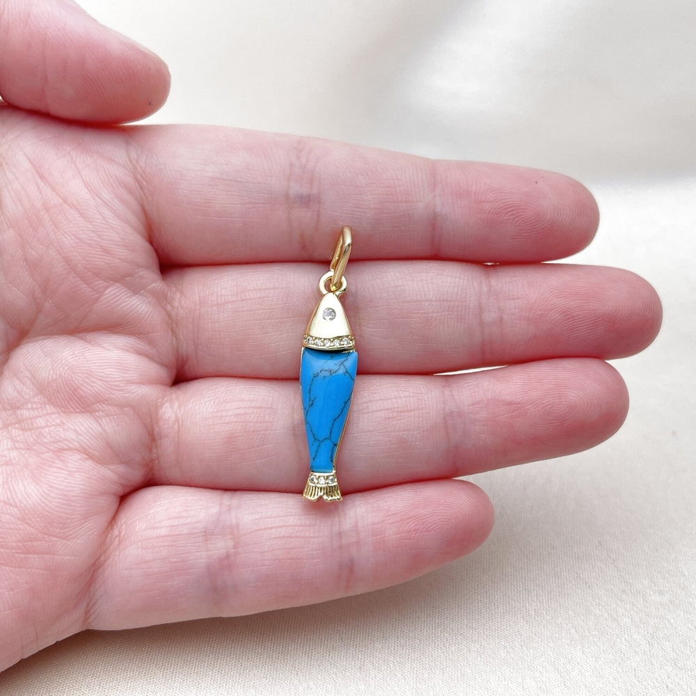 Oro Laminado Fancy Pendant, Gold Filled Style Fish Design, with White Cubic Zirconia, Turquoise Resin Finish, Golden Finish
