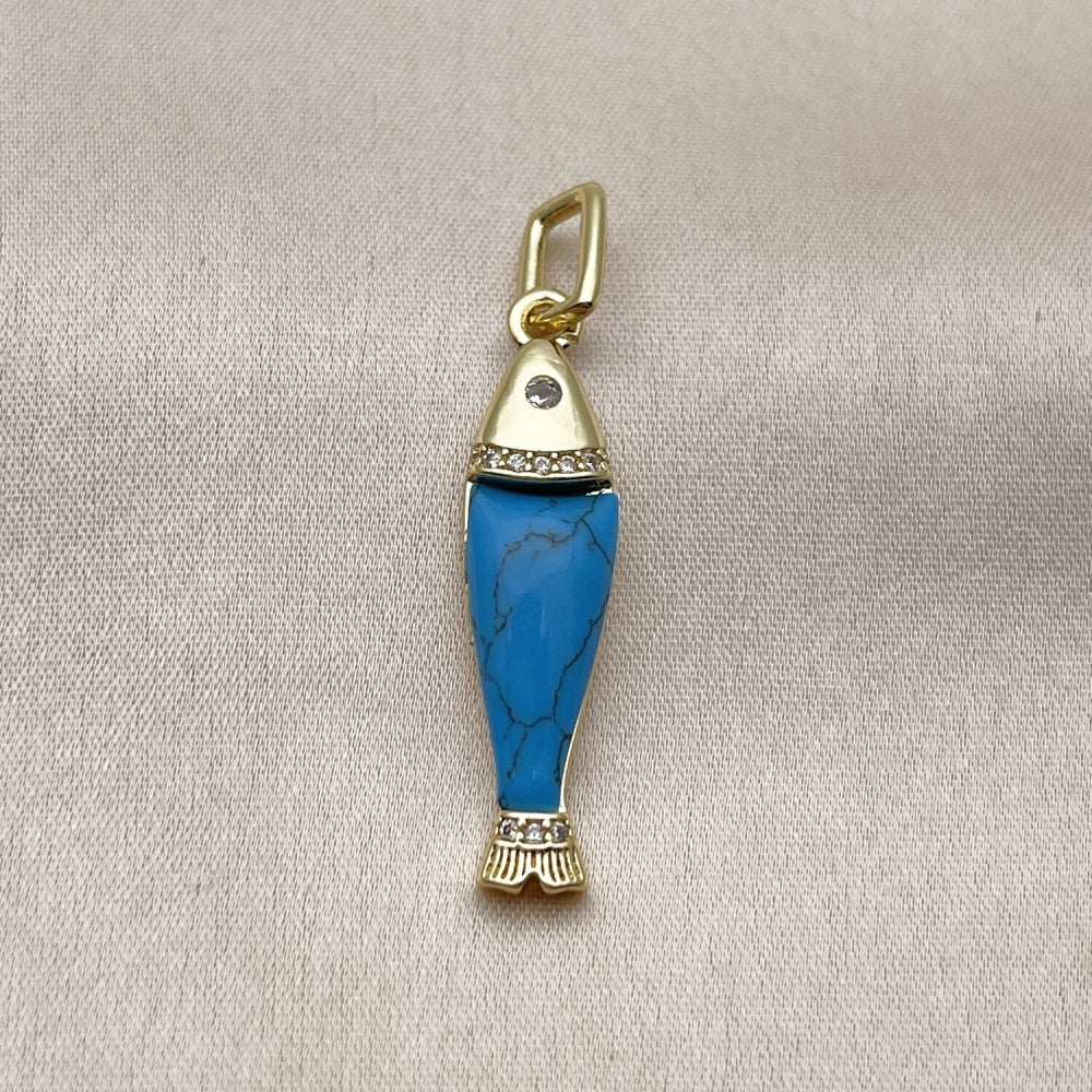 Oro Laminado Fancy Pendant, Gold Filled Style Fish Design, with White Cubic Zirconia, Turquoise Resin Finish, Golden Finish