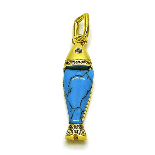 Oro Laminado Fancy Pendant, Gold Filled Style Fish Design, with White Cubic Zirconia, Turquoise Resin Finish, Golden Finish