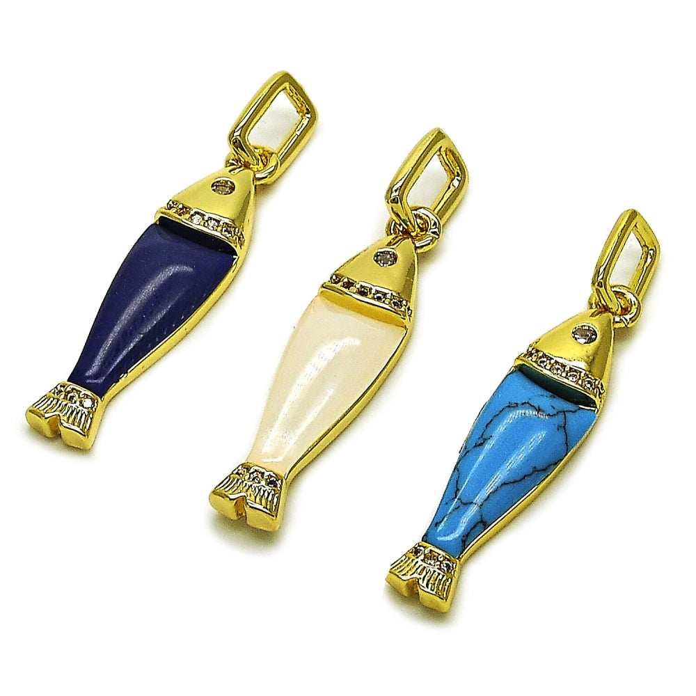 Oro Laminado Fancy Pendant, Gold Filled Style Fish Design, with White Cubic Zirconia, Turquoise Resin Finish, Golden Finish