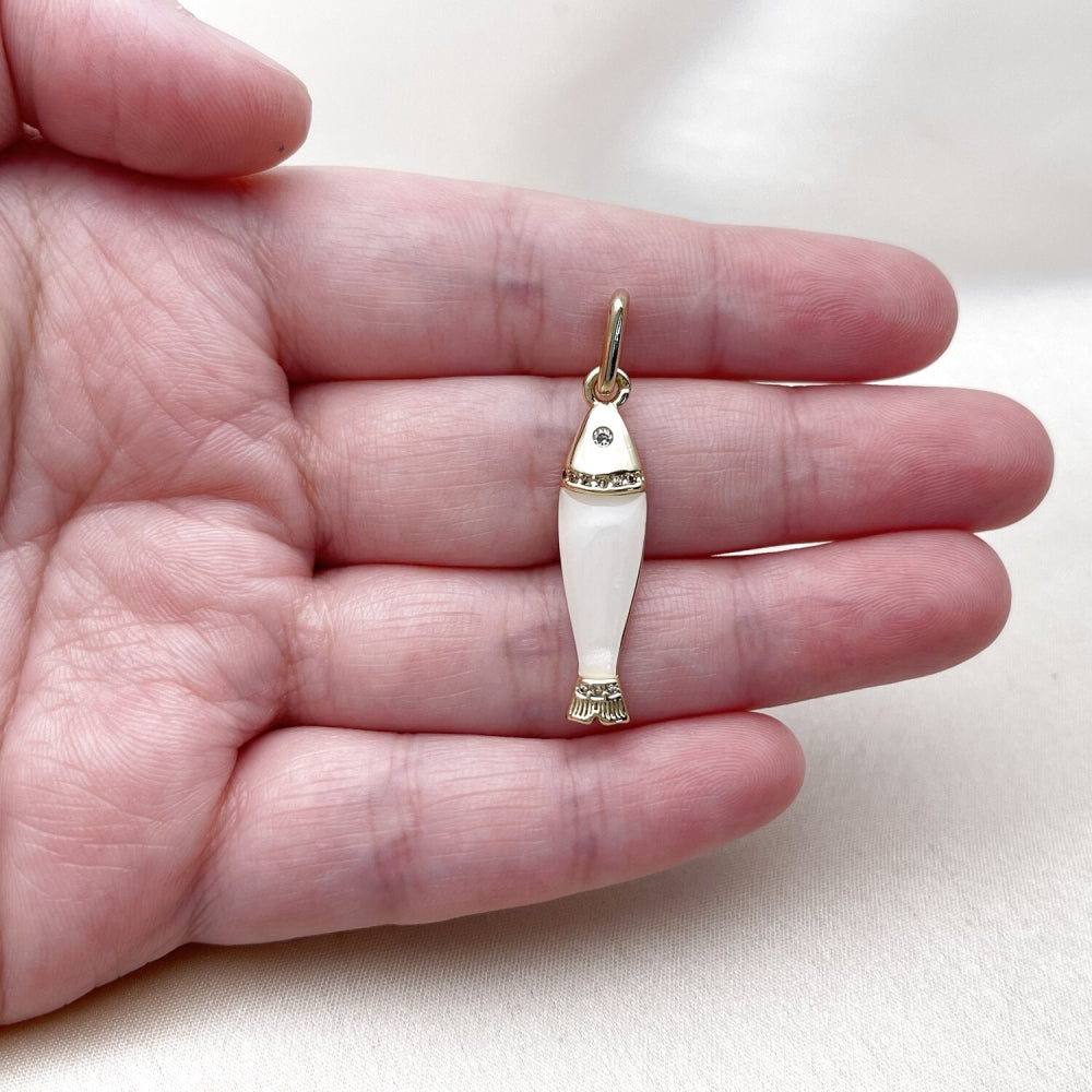 Oro Laminado Fancy Pendant, Gold Filled Style Fish Design, with White Cubic Zirconia, White Resin Finish, Golden Finish