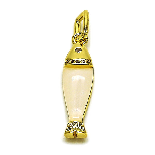 Oro Laminado Fancy Pendant, Gold Filled Style Fish Design, with White Cubic Zirconia, White Resin Finish, Golden Finish