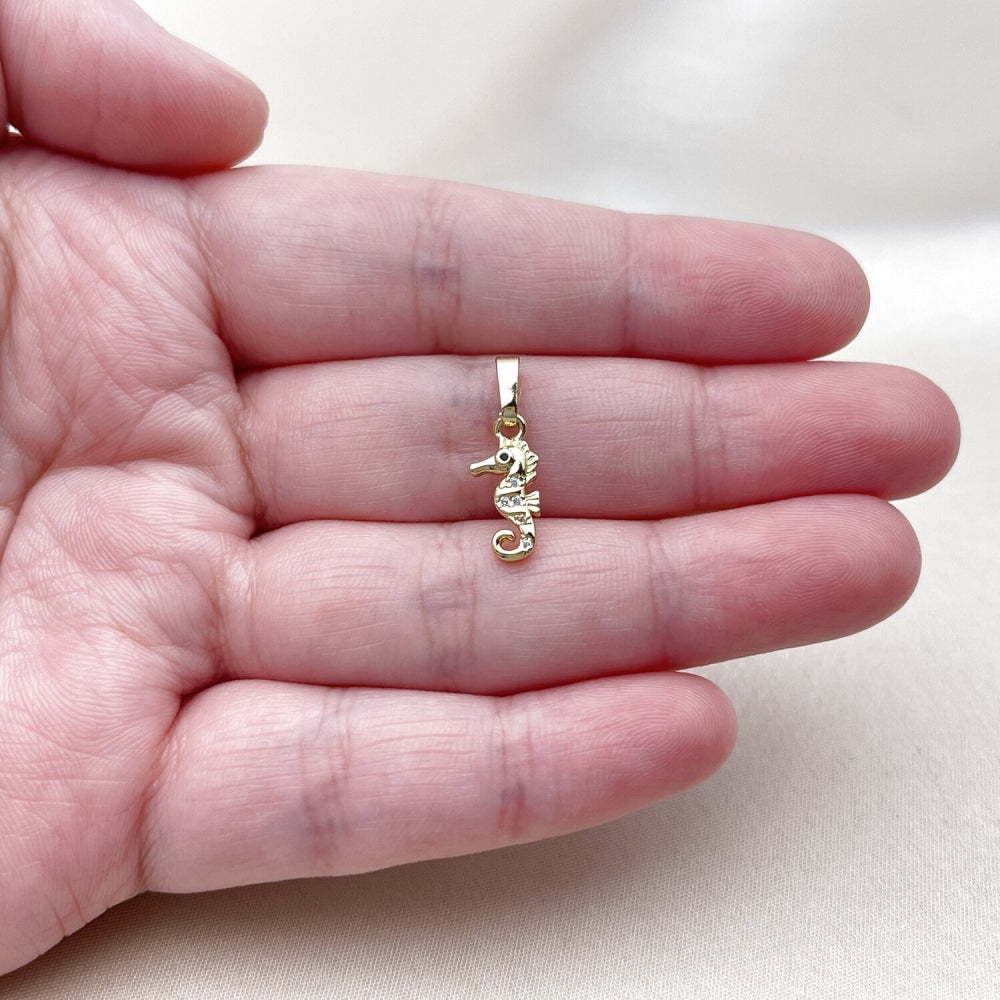 Oro Laminado Fancy Pendant, Gold Filled Style Seahorse Design, with White Micro Pave, Polished, Golden Finish
