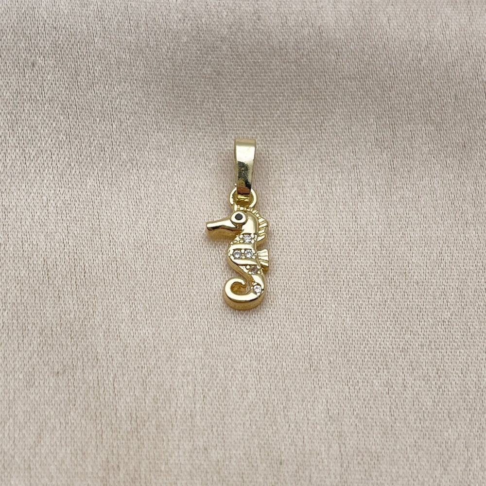 Oro Laminado Fancy Pendant, Gold Filled Style Seahorse Design, with White Micro Pave, Polished, Golden Finish