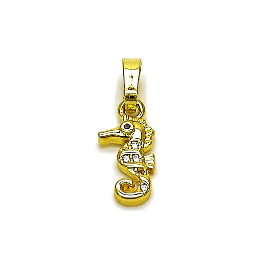 Oro Laminado Fancy Pendant, Gold Filled Style Seahorse Design, with White Micro Pave, Polished, Golden Finish
