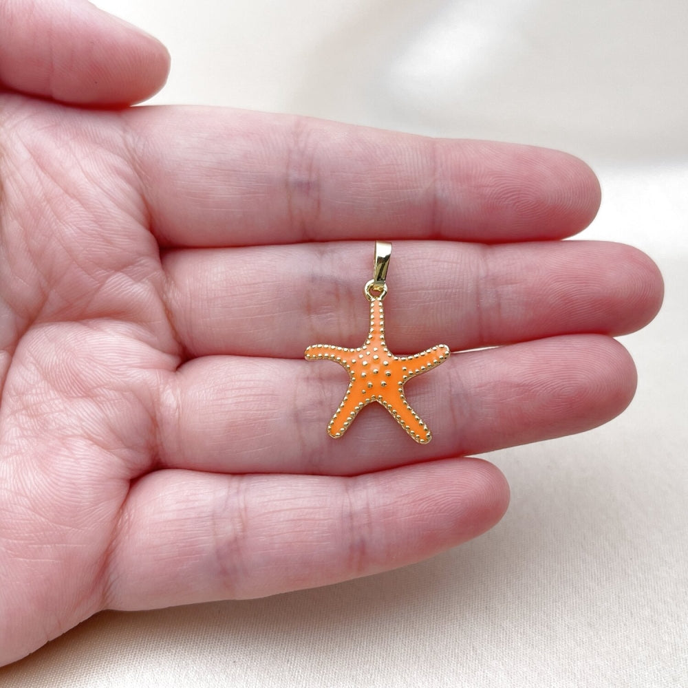 Oro Laminado Fancy Pendant, Gold Filled Style Star Design, Orange Enamel Finish, Golden Finish