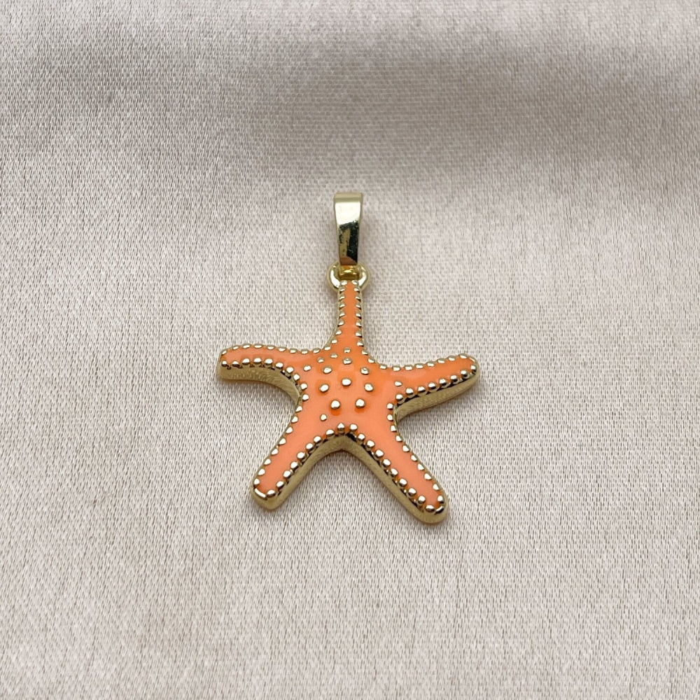 Oro Laminado Fancy Pendant, Gold Filled Style Star Design, Orange Enamel Finish, Golden Finish