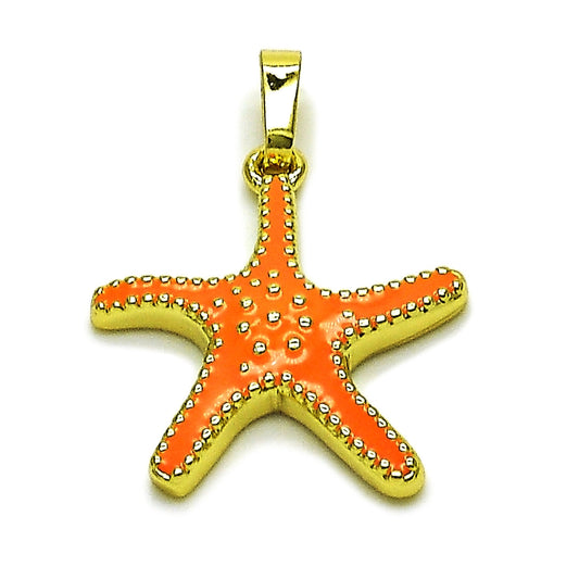 Oro Laminado Fancy Pendant, Gold Filled Style Star Design, Orange Enamel Finish, Golden Finish