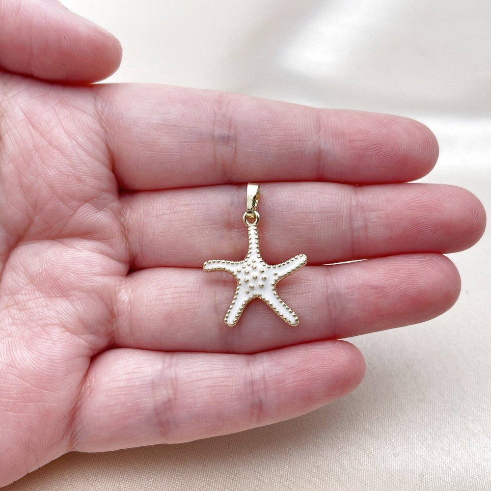 Oro Laminado Fancy Pendant, Gold Filled Style Star Design, White Enamel Finish, Golden Finish