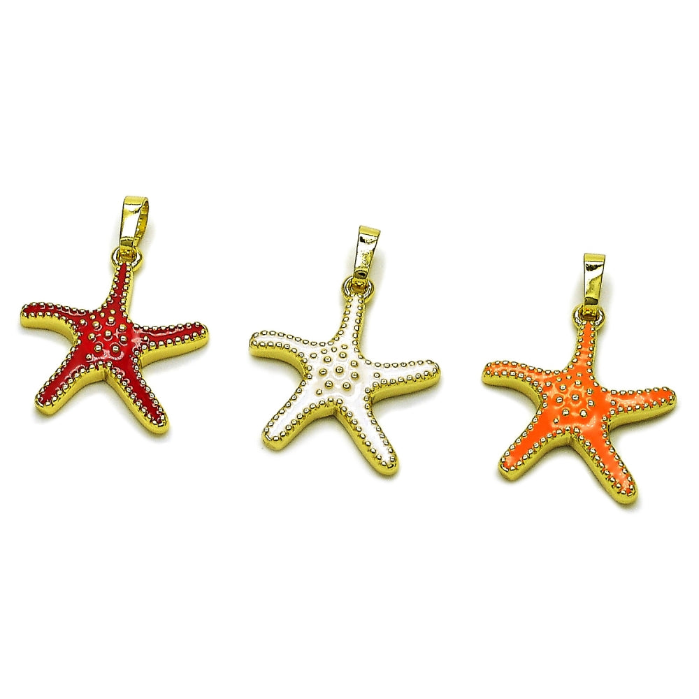 Oro Laminado Fancy Pendant, Gold Filled Style Star Design, White Enamel Finish, Golden Finish