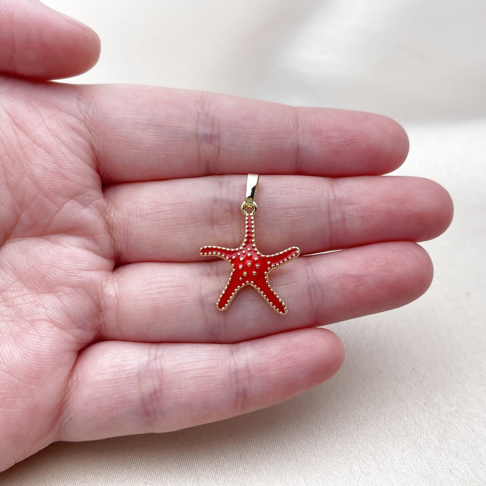 Oro Laminado Fancy Pendant, Gold Filled Style Star Design, Red Enamel Finish, Golden Finish