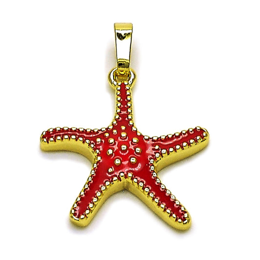 Oro Laminado Fancy Pendant, Gold Filled Style Star Design, Red Enamel Finish, Golden Finish