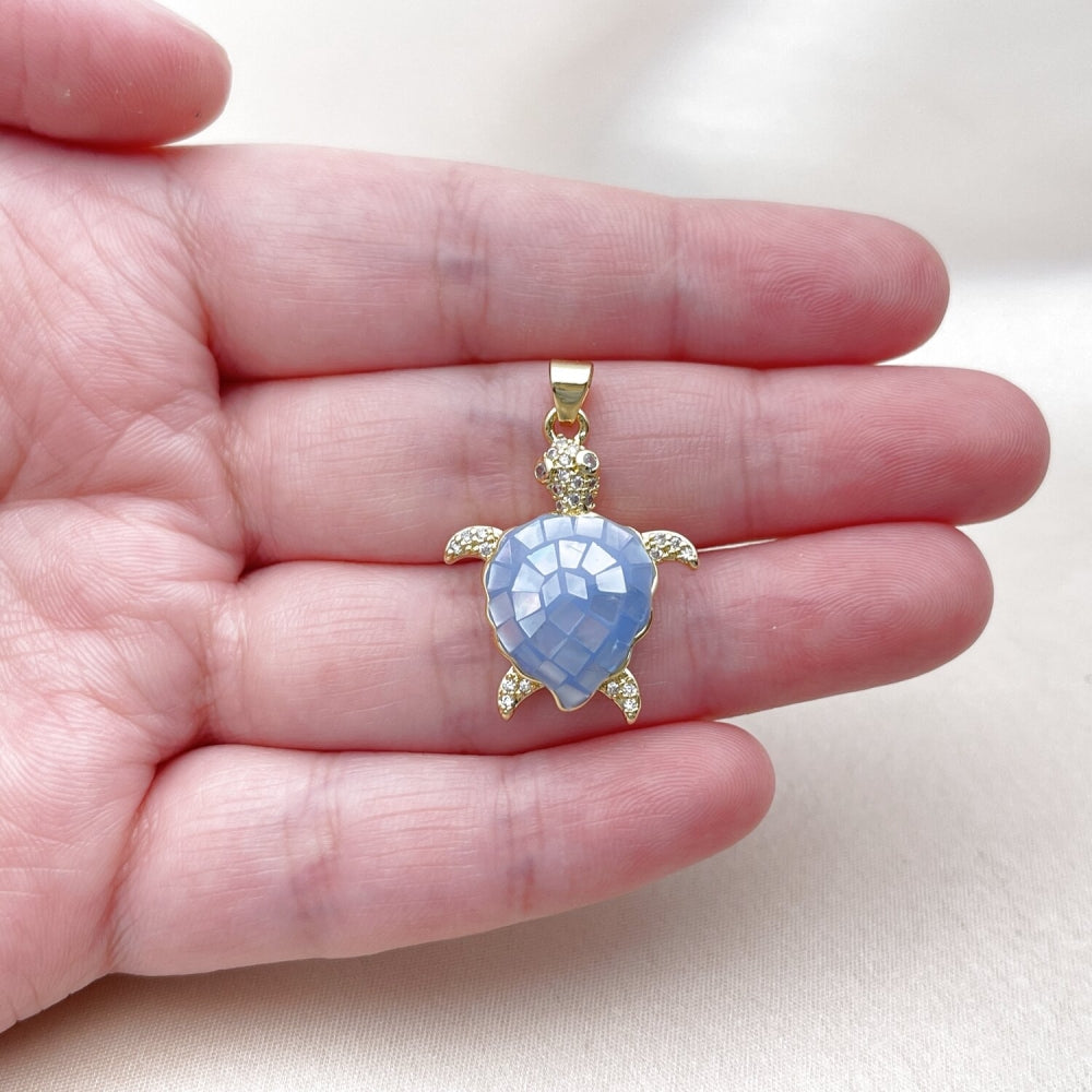 Oro Laminado Fancy Pendant, Gold Filled Style Turtle Design, with Light Sapphire Mother of Pearl and White Micro Pave, Polished, Golden Finish