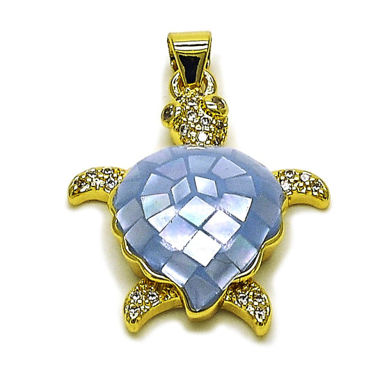 Oro Laminado Fancy Pendant, Gold Filled Style Turtle Design, with Light Sapphire Mother of Pearl and White Micro Pave, Polished, Golden Finish