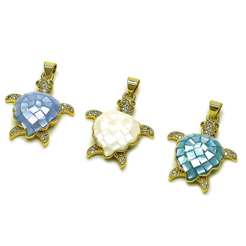 Oro Laminado Fancy Pendant, Gold Filled Style Turtle Design, with Light Sapphire Mother of Pearl and White Micro Pave, Polished, Golden Finish