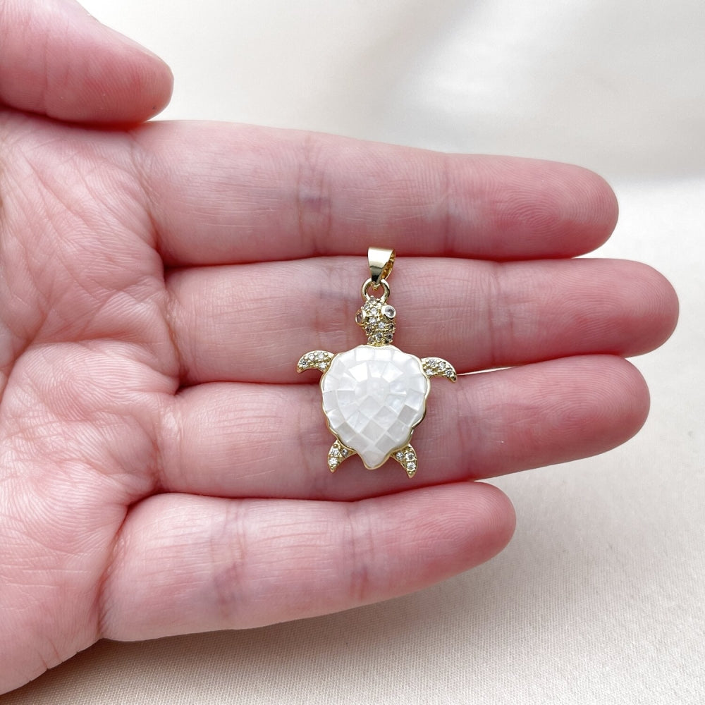 Oro Laminado Fancy Pendant, Gold Filled Style Turtle Design, with Ivory Mother of Pearl and White Micro Pave, Polished, Golden Finish