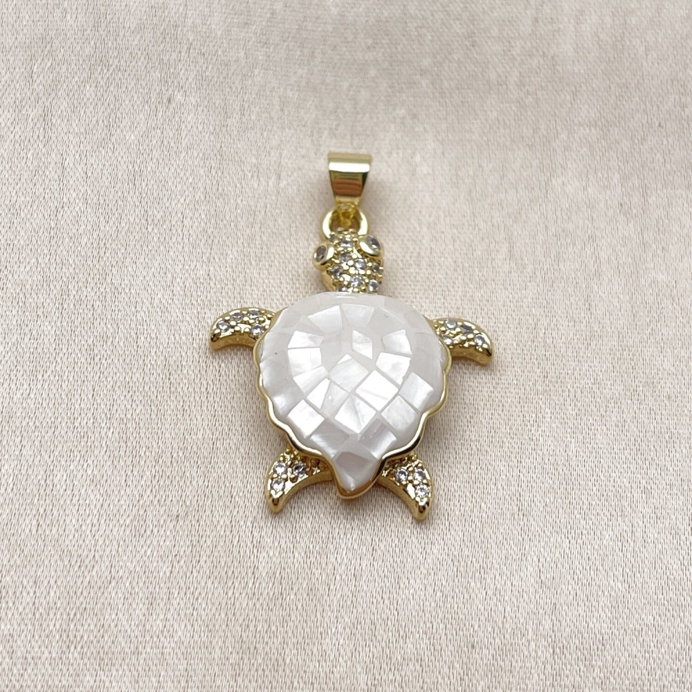 Oro Laminado Fancy Pendant, Gold Filled Style Turtle Design, with Ivory Mother of Pearl and White Micro Pave, Polished, Golden Finish
