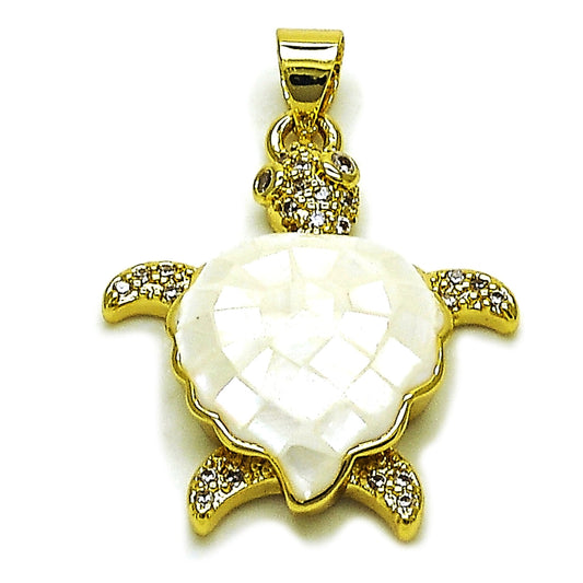 Oro Laminado Fancy Pendant, Gold Filled Style Turtle Design, with Ivory Mother of Pearl and White Micro Pave, Polished, Golden Finish