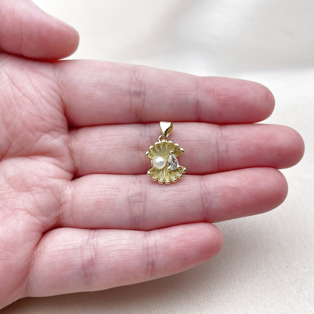 Oro Laminado Fancy Pendant, Gold Filled Style Shell and Teardrop Design, with White Cubic Zirconia and Ivory Pearl, Polished, Golden Finish
