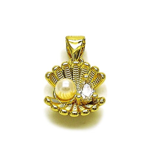 Oro Laminado Fancy Pendant, Gold Filled Style Shell and Teardrop Design, with White Cubic Zirconia and Ivory Pearl, Polished, Golden Finish
