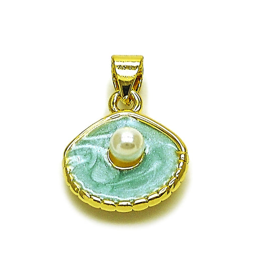 Oro Laminado Fancy Pendant, Gold Filled Style Shell Design, with Ivory Pearl, Turquoise Enamel Finish, Golden Finish