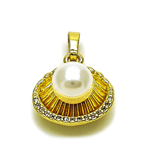 Oro Laminado Fancy Pendant, Gold Filled Style Shell Design, with Ivory Pearl and White Cubic Zirconia, Polished, Golden Finish