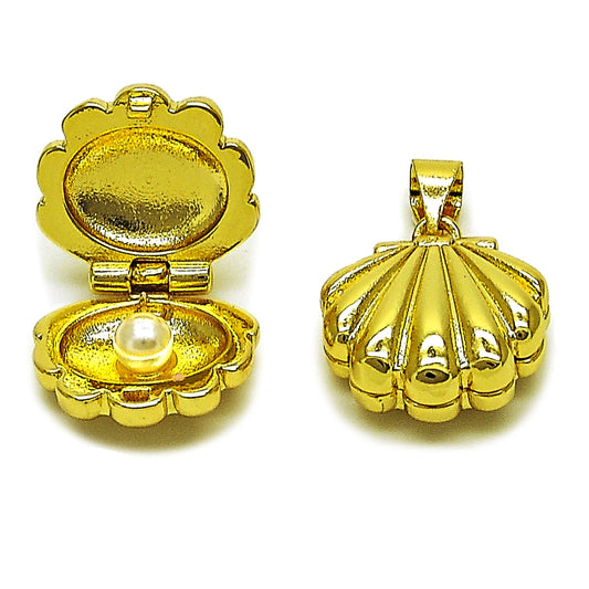 Oro Laminado Fancy Pendant, Gold Filled Style Shell Design, with Ivory Pearl, Polished, Golden Finish
