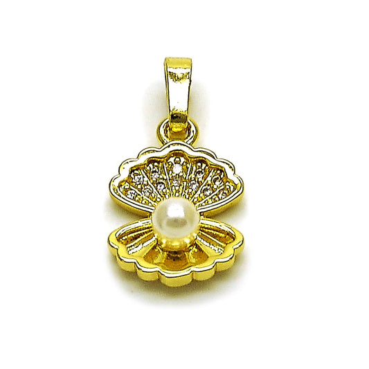 Oro Laminado Fancy Pendant, Gold Filled Style Shell Design, with Ivory Pearl and White Micro Pave, Polished, Golden Finish