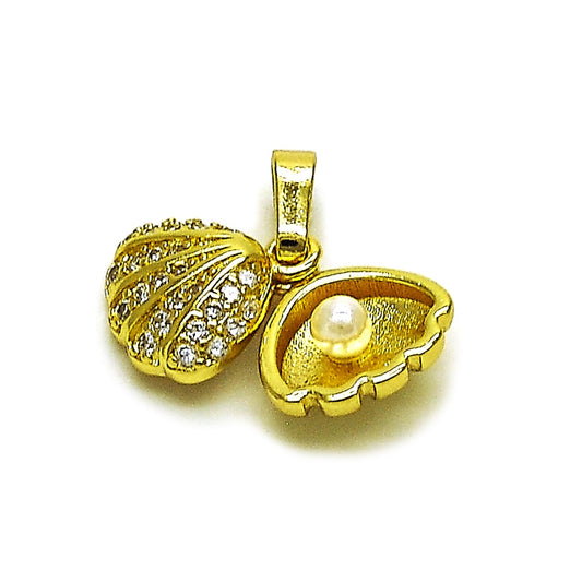 Oro Laminado Fancy Pendant, Gold Filled Style Heart Design, with Ivory Pearl and White Micro Pave, Polished, Golden Finish