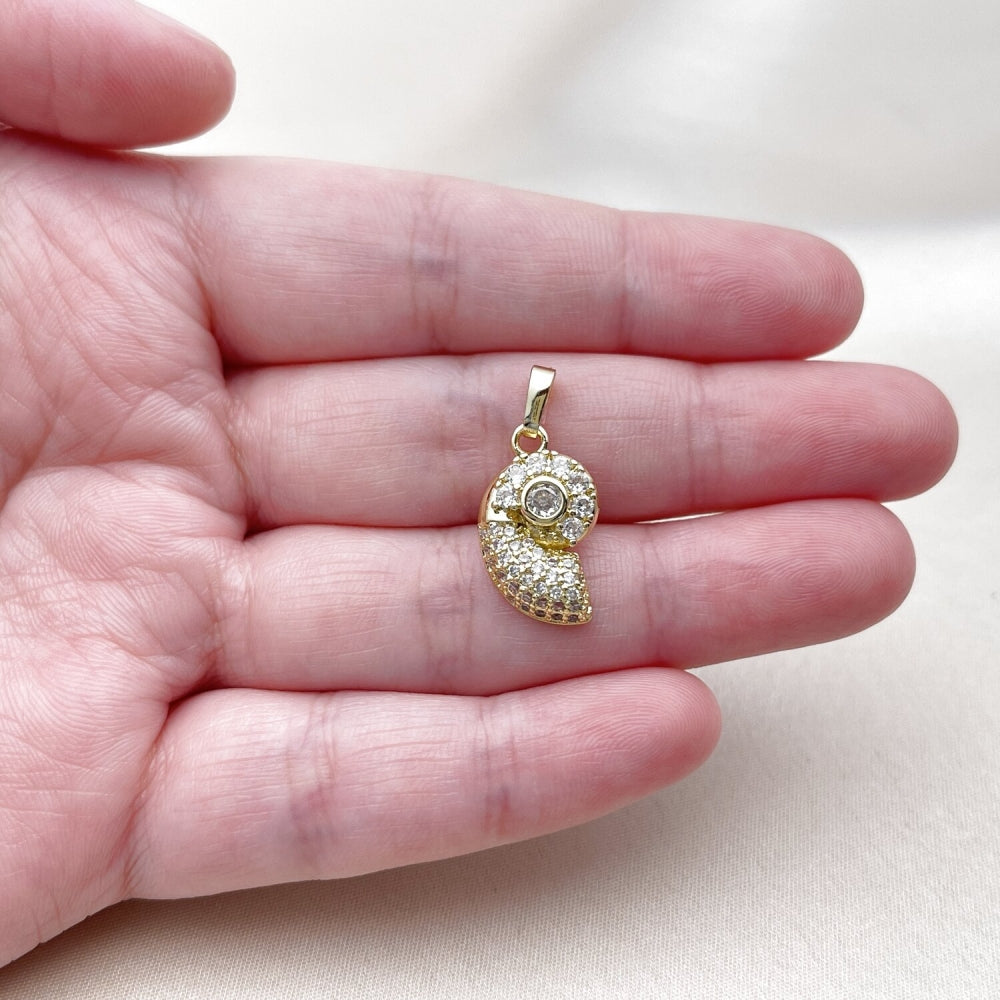Oro Laminado Fancy Pendant, Gold Filled Style Snail Design, with White Cubic Zirconia and White Micro Pave, Polished, Golden Finish