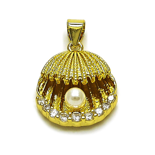 Oro Laminado Fancy Pendant, Gold Filled Style Shell Design, with Ivory Pearl and White Cubic Zirconia, Polished, Golden Finish