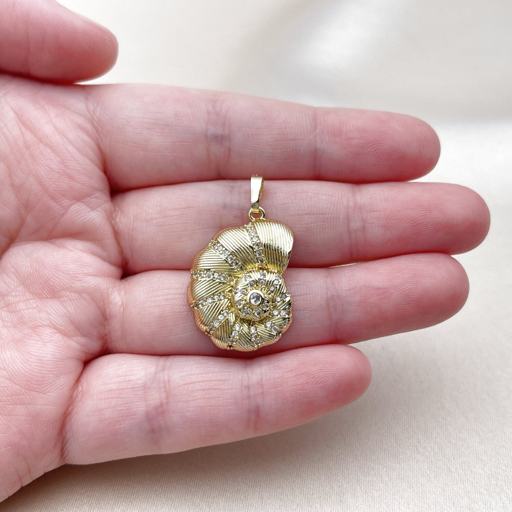 Oro Laminado Fancy Pendant, Gold Filled Style Snail Design, with White Cubic Zirconia and White Micro Pave, Polished, Golden Finish