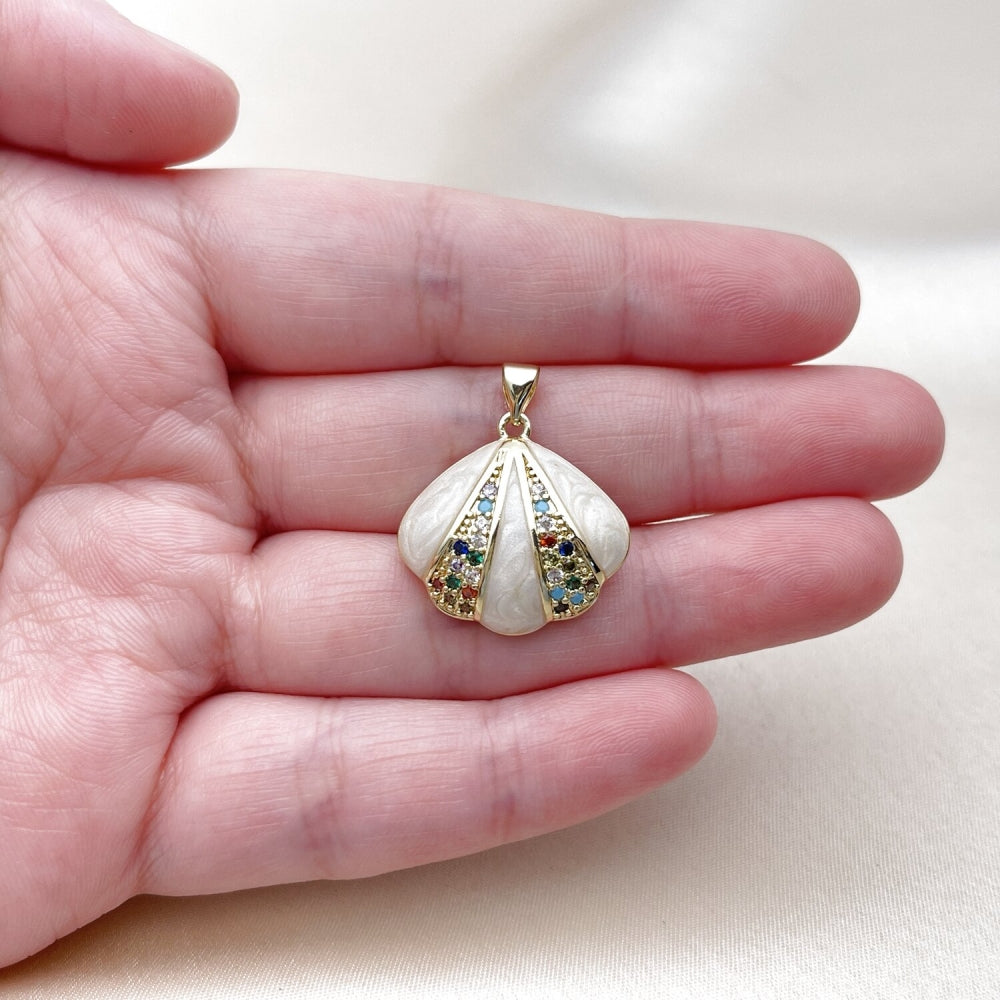 Oro Laminado Fancy Pendant, Gold Filled Style Shell Design, with Multicolor Cubic Zirconia, White Enamel Finish, Golden Finish