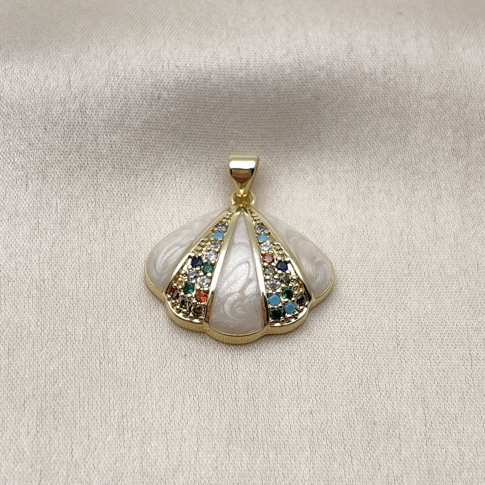 Oro Laminado Fancy Pendant, Gold Filled Style Shell Design, with Multicolor Cubic Zirconia, White Enamel Finish, Golden Finish