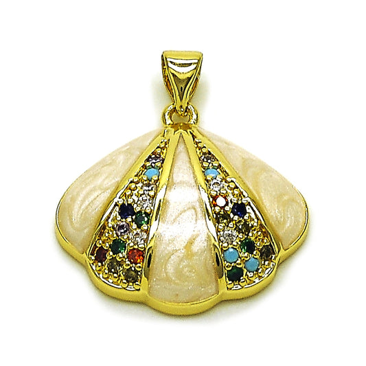 Oro Laminado Fancy Pendant, Gold Filled Style Shell Design, with Multicolor Cubic Zirconia, White Enamel Finish, Golden Finish