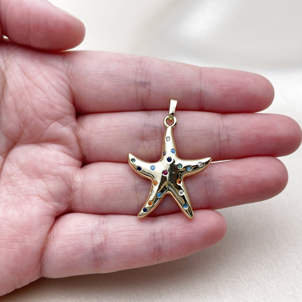 Oro Laminado Fancy Pendant, Gold Filled Style Star Design, with White Cubic Zirconia, Polished, Golden Finish