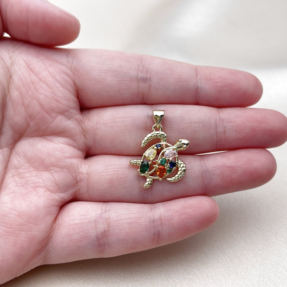 Oro Laminado Fancy Pendant, Gold Filled Style Turtle and Teardrop Design, with Multicolor Cubic Zirconia, Polished, Golden Finish