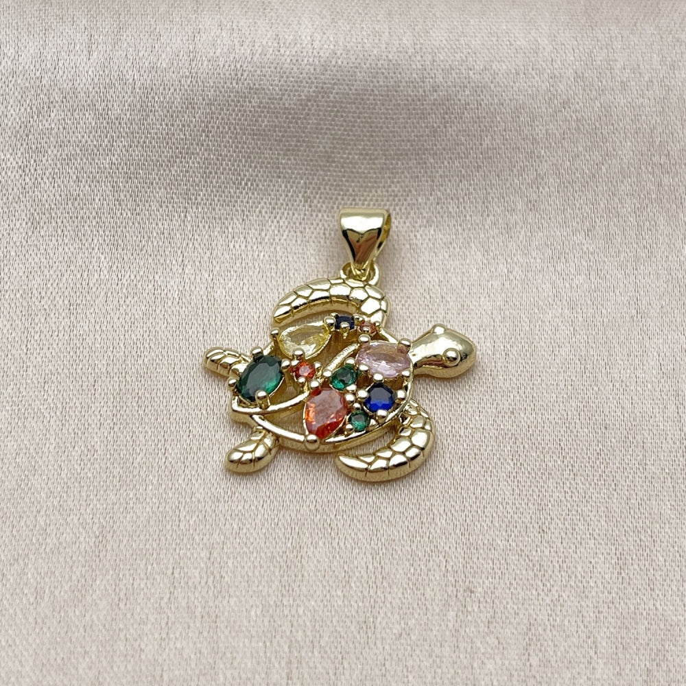 Oro Laminado Fancy Pendant, Gold Filled Style Turtle and Teardrop Design, with Multicolor Cubic Zirconia, Polished, Golden Finish