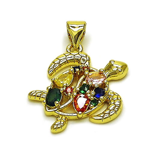 Oro Laminado Fancy Pendant, Gold Filled Style Turtle and Teardrop Design, with Multicolor Cubic Zirconia, Polished, Golden Finish
