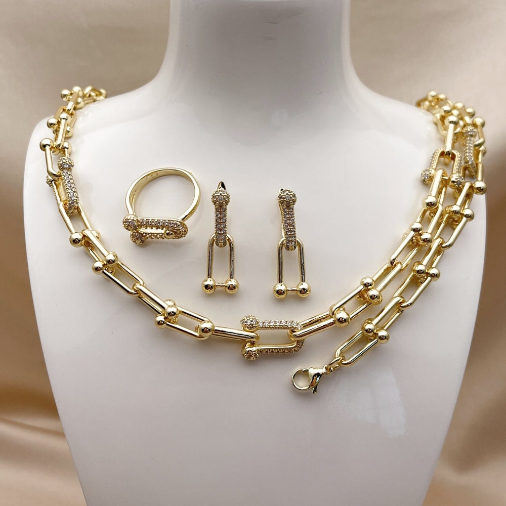 Oro Laminado Necklace, Bracelet, Earring and Ring, Gold Filled Style with White Micro Pave, Polished, Golden Finish
