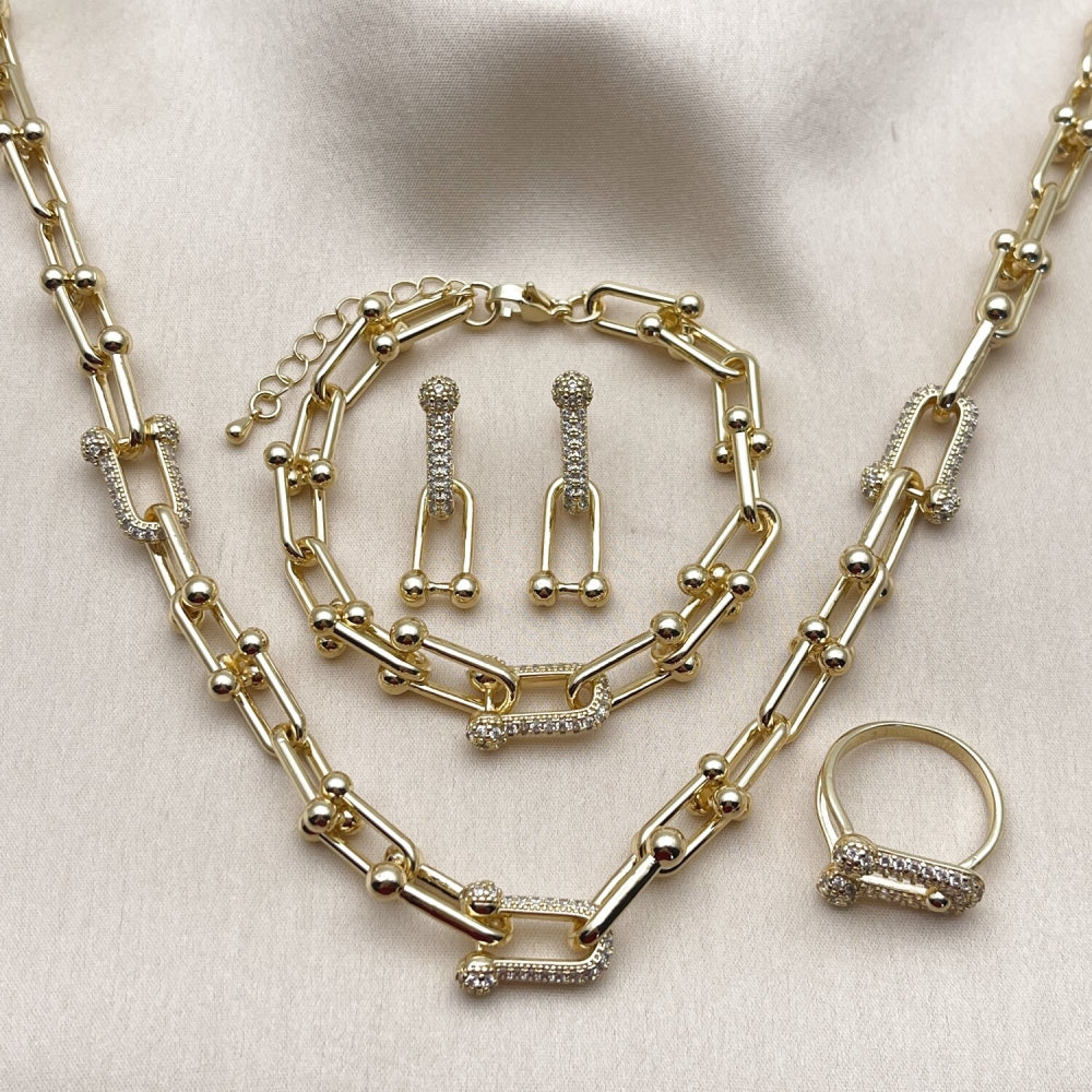 Oro Laminado Necklace, Bracelet, Earring and Ring, Gold Filled Style with White Micro Pave, Polished, Golden Finish