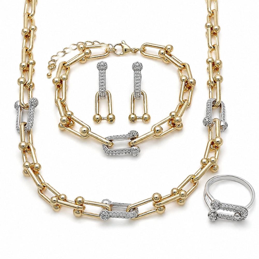 Oro Laminado Necklace, Bracelet, Earring and Ring, Gold Filled Style with White Micro Pave, Polished, Golden Finish