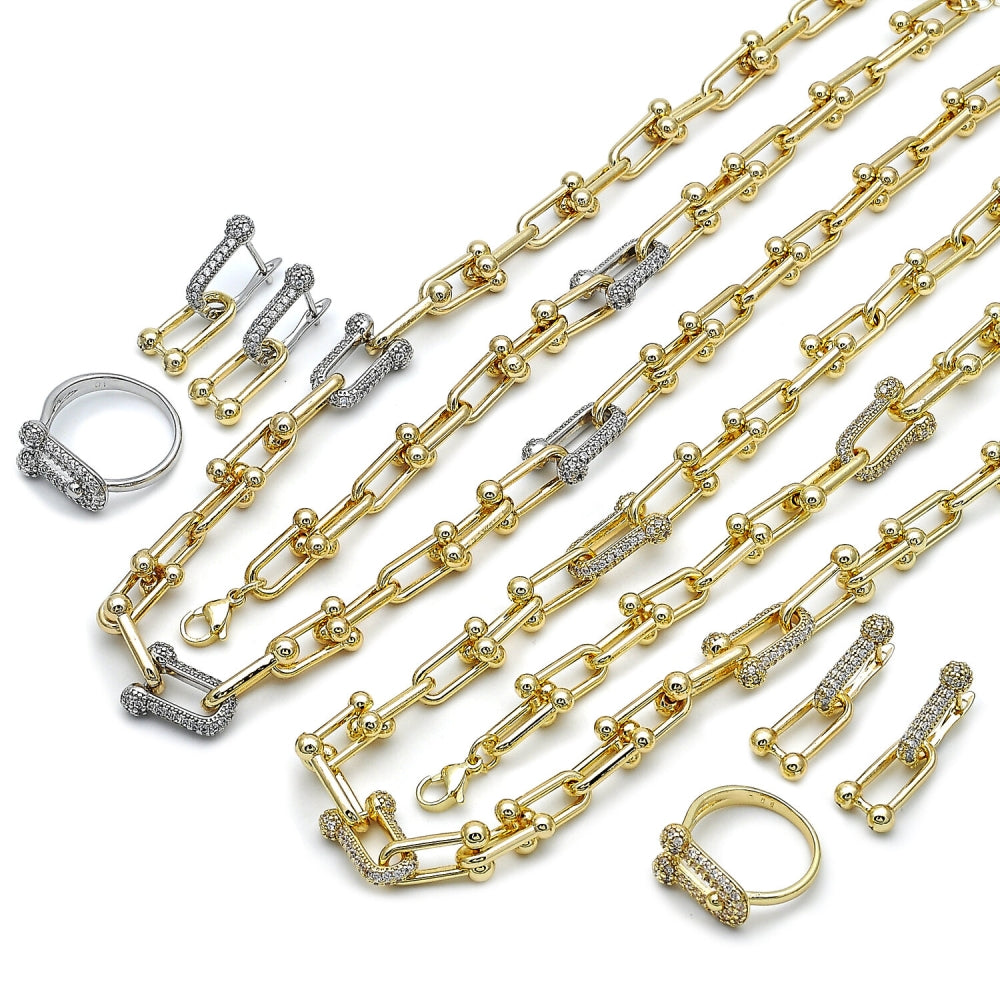 Oro Laminado Necklace, Bracelet, Earring and Ring, Gold Filled Style with White Micro Pave, Polished, Golden Finish