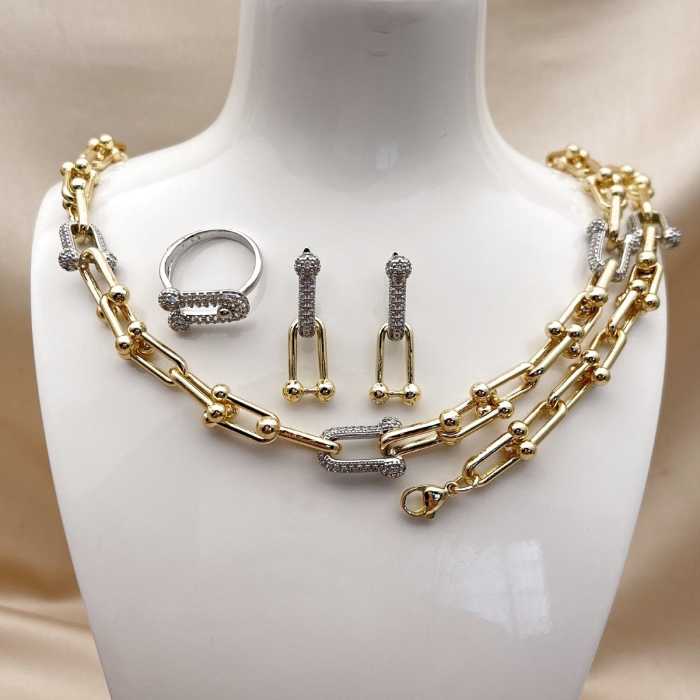 Oro Laminado Necklace, Bracelet, Earring and Ring, Gold Filled Style with White Cubic Zirconia, Polished, Two Tone