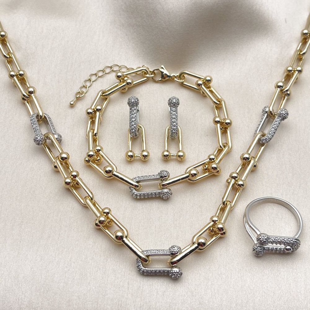 Oro Laminado Necklace, Bracelet, Earring and Ring, Gold Filled Style with White Cubic Zirconia, Polished, Two Tone