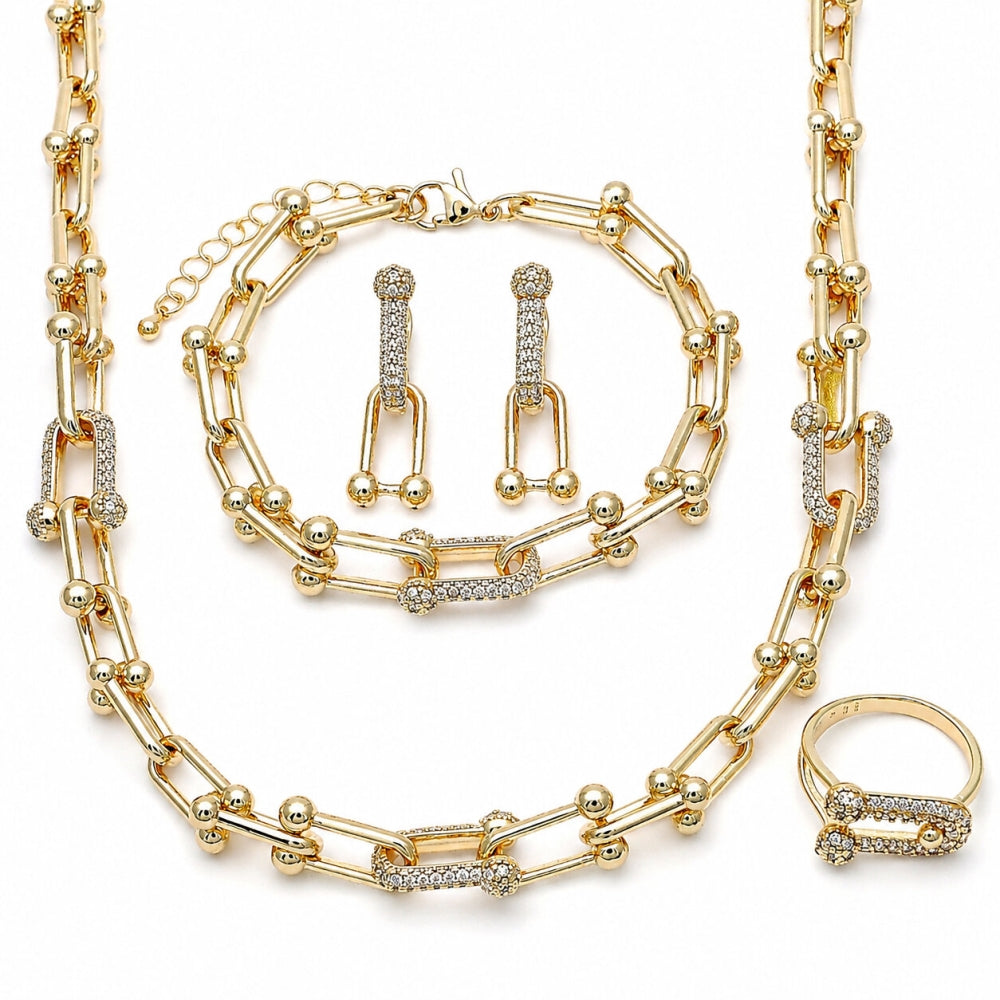 Oro Laminado Necklace, Bracelet, Earring and Ring, Gold Filled Style with White Cubic Zirconia, Polished, Two Tone