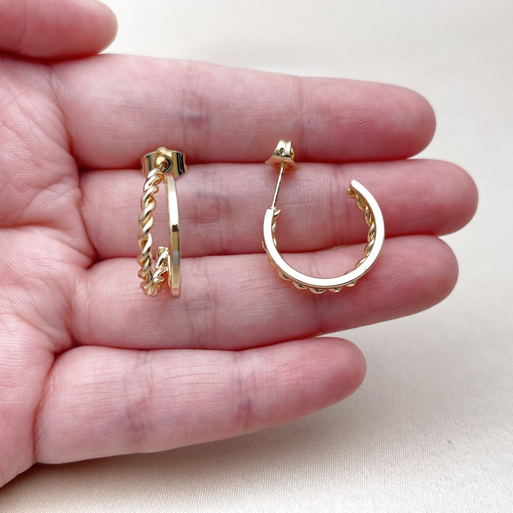 Oro Laminado Small Hoop, Gold Filled Style Twist Design, Polished, Golden Finish