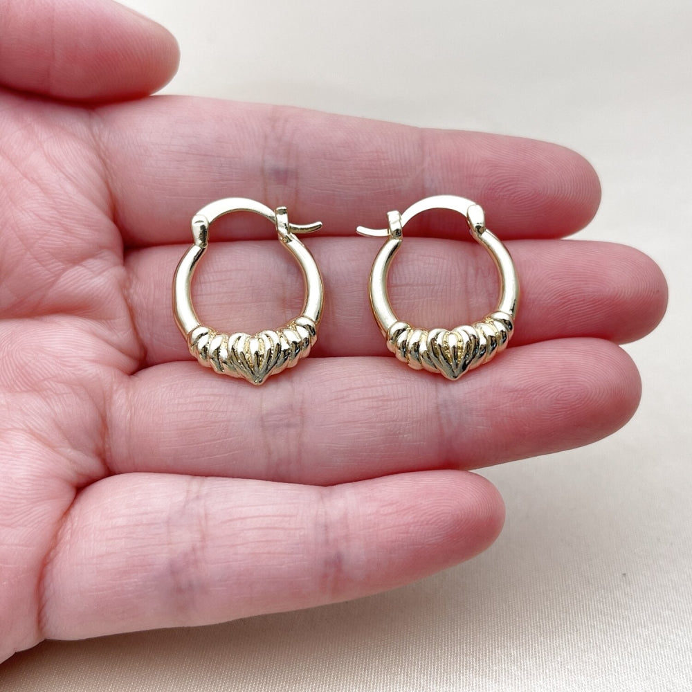 Oro Laminado Small Hoop, Gold Filled Style Heart Design, Polished, Golden Finish