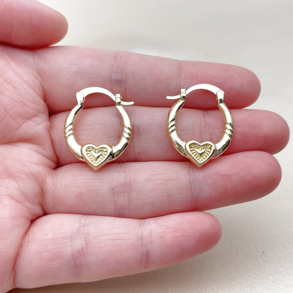 Oro Laminado Small Hoop, Gold Filled Style Heart Design, Polished, Golden Finish